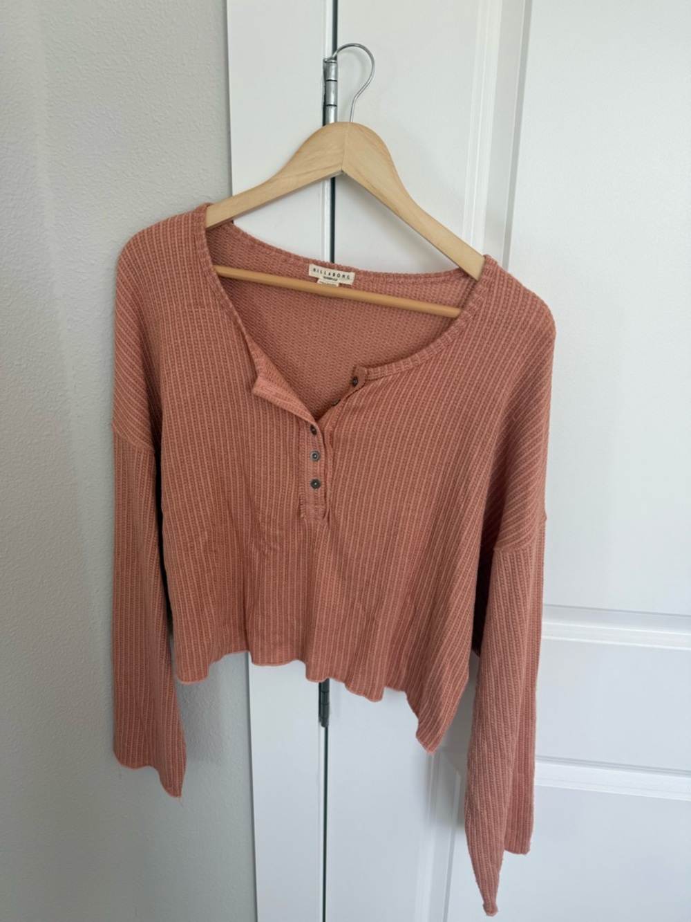 Billabong Women's Rose Rust Ribbed Henley Long Sleeve Top Cropped fit